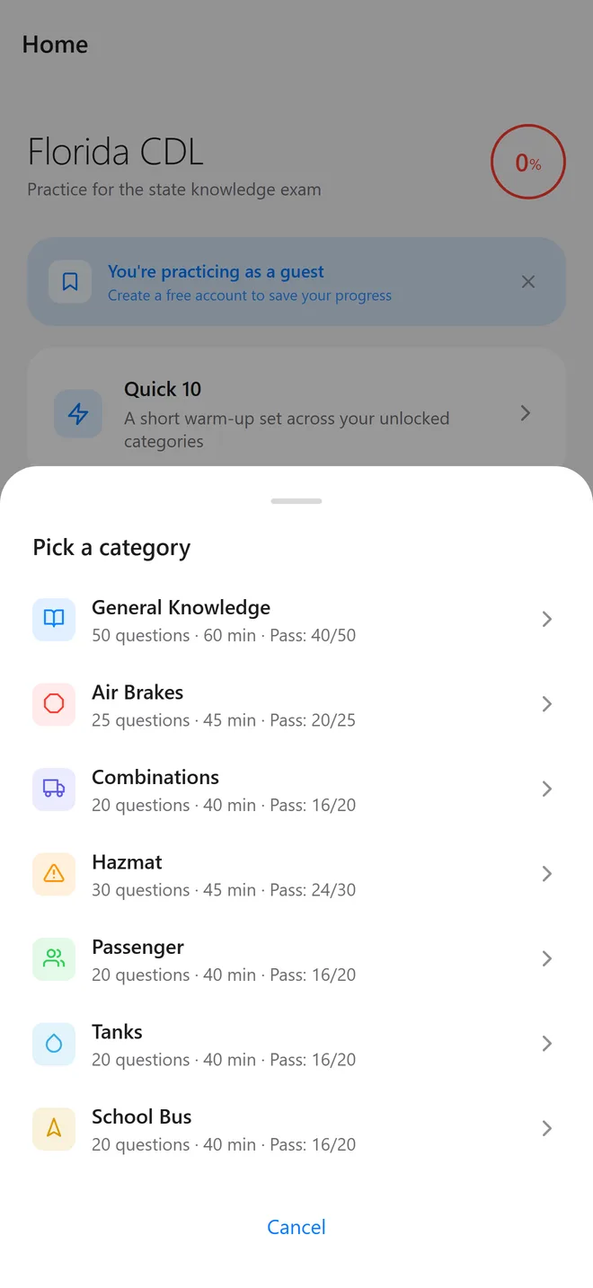 Mock exam category picker with time limits and pass marks